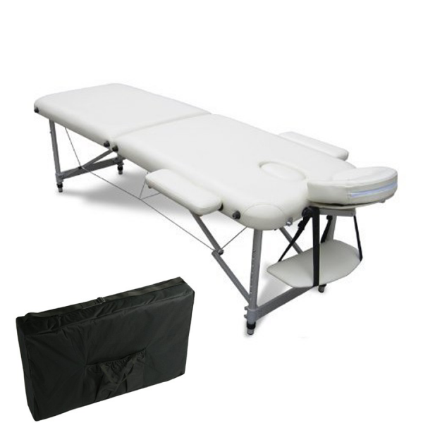 Pat masaj portabil, cadru aluminiu, Torcal, alb, 2 zone, saltea 8cm, suport de brate